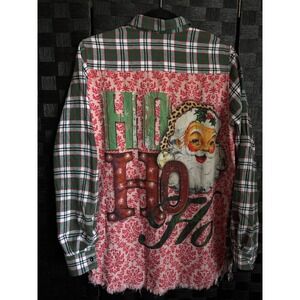 One 24 Rags Ho Ho Ho Santa Christmas Plaid Flannel Medium Distressed Grunge